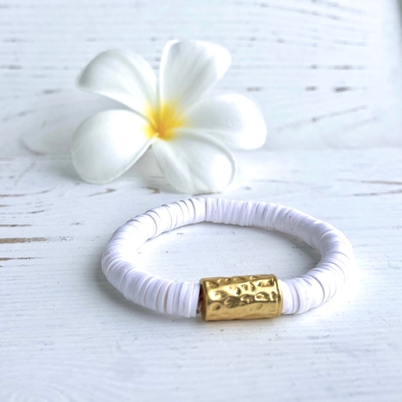 Heishi Bead Bracelet with Gold Tube Accent - White - Picture 2 of 4